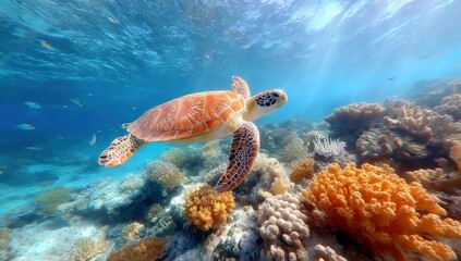 Obraz premium A sea turtle swims gracefully above vibrant coral reefs in clear blue ocean water.