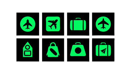 Neon green travel icons airplane luggage and bags