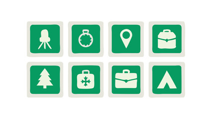 Camping trip essentials icon set green background