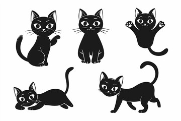 Black Cat Silhouette Illustration Set – Cute Cartoon Feline Graphics for Design Projects