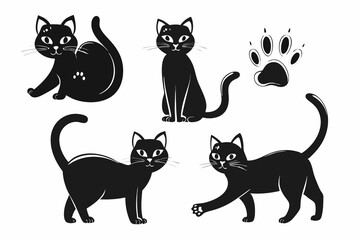 Black Cat Silhouette Illustration Set – Cute Cartoon Feline Graphics for Design Projects
