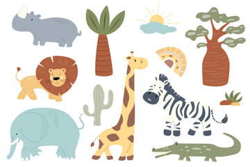  Lively set with friendly African animals like lions, elephants, and giraffes, combined with vibrant plants and a sunny sky, perfect for a nursery or playroom safari theme.