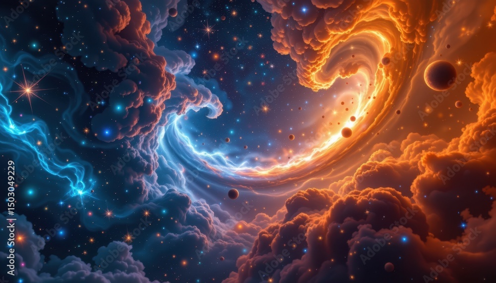 Poster exploring cosmic wonders outer space digital art galactic environment wide angle view celestial conc