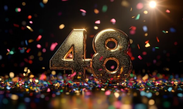 Shiny Gold Number 48 Surrounded by Colorful Confetti on Black Background