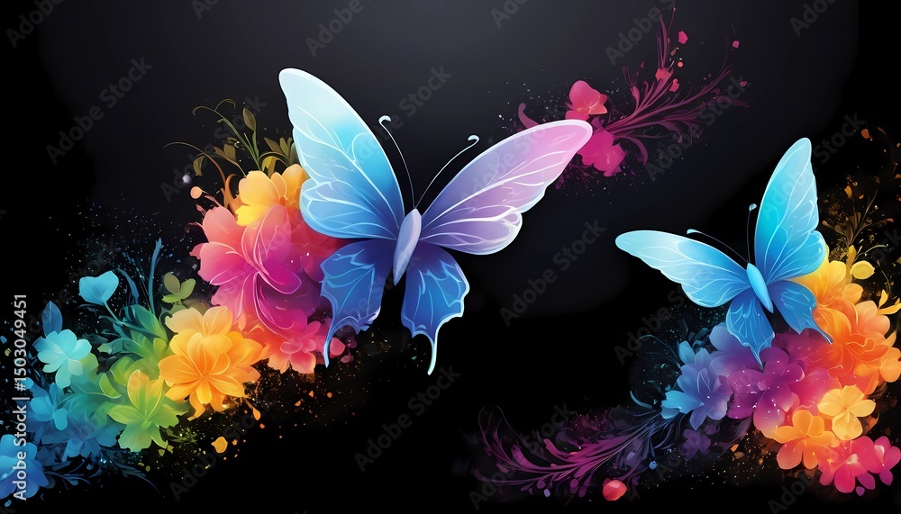 Poster delicate butterflies flutter gracefully over a lively backdrop of blooming flowers, creating a harmo