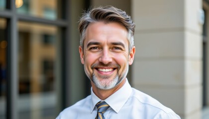 Obraz premium Professional man smiling at urban office business portrait modern environment friendly viewpoint
