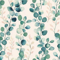 Watercolor eucalyptus leaf pattern in shades of green and blue on a soft, neutral backdrop.