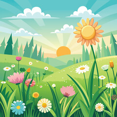 Obraz premium Cartoon Spring Landscape with Flowers Hills Trees and Rising Sun