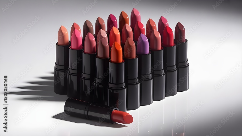Poster a colorful array of lipsticks are neatly arranged on a white surface, reflecting light elegantly.
