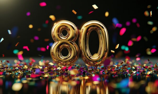 Bright Golden 80 Balloon on Colorful Confetti Background for Celebration