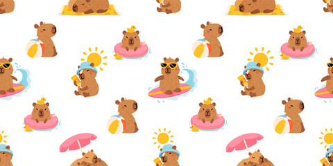 Seamless pattern with cute summer capybaras in various poses and items. Hand drawn cartoon flat style. Vacation seasonal template for design, kids collection