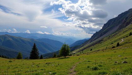 Fototapeta premium Exploring nature's beauty scenic mountain views lush green fields and majestic landscapes