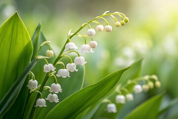 Bellshaped white lily of the valley blooms elegantly, featuring fresh green leaves and gentle sunlight