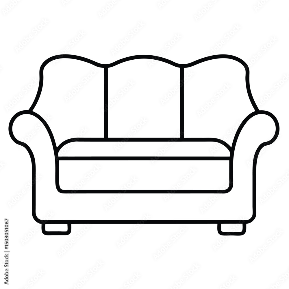 Poster a simple line drawing of a classic sofa featuring a curved backrest and armrests. the sofa has a wid