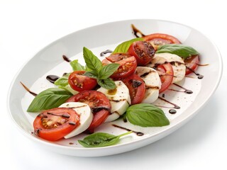 Fresh Caprese salad with tomatoes, mozzarella, basil leaves, and balsamic glaze arranged on a white plate.