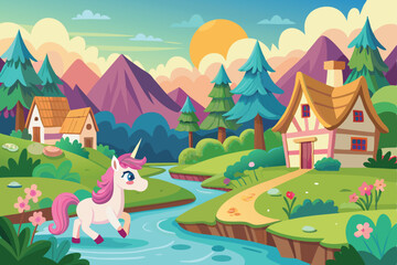 Naklejka premium Cartoon Unicorn Landscape with Houses River Mountains and Trees Illustration