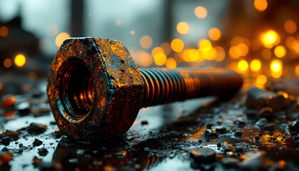 ファンタジーストーリー（錆びついたボルトとナットが描く構造美と、琥珀色にきらめく光）