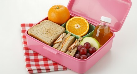 Lancheira escolar com frutas frescas,sanduíche e um frasco de vidro com suco, uma refeição saudável, perfeita para um almoço leve ou lanche.