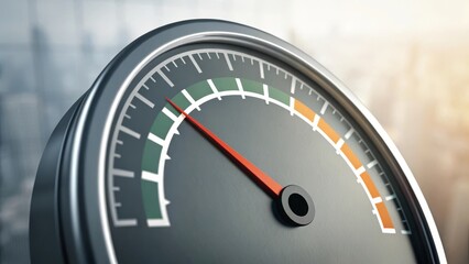 A round analog speedometer with a red needle pointing toward the green section, indicating low speed or performance on a blurred city background.