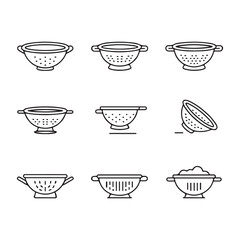 Colander and Strainer Kitchen Icons Set. Collection of Simple Line Art Colander Designs
