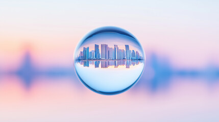 Creative Cityscape Reflections Inside Glass Water Droplets on Gradient Background
