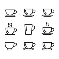 Cup and Mug Icons Set for Food and Beverage. Simple Line Art Illustrations of Various Coffee and Tea Cups
