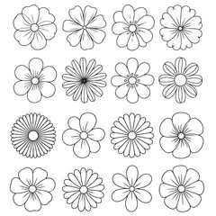 Collection of Simple Line Art Flower Drawings, Black Silhouette Flower Icons Set, 