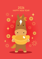 Red envelope chinese new year 2026 vector illustration. Zodiac horse holding gold sycee ingot. Year of the horse cartoon greeting card.