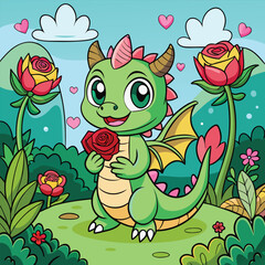 Cute Cartoon Dragon Holding a Rose in a Floral Landscape