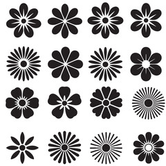 Collection of Simple Line Art Flower Drawings, Black Silhouette Flower Icons Set, 