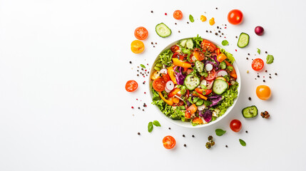 Healthy fresh vegetable salad in bowl on white background top view
