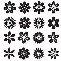 Collection of Simple Line Art Flower Drawings, Black Silhouette Flower Icons Set, 