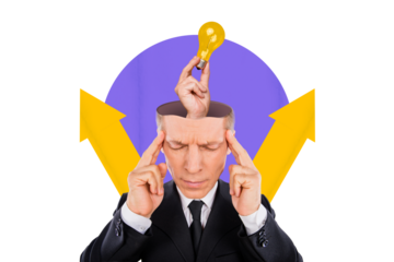 Template collage of confused puzzled boss man touch head temples making gebius smart idea for company development progress