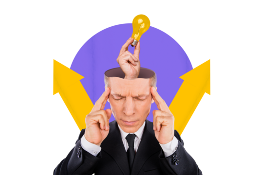 Template collage of confused puzzled boss man touch head temples making gebius smart idea for company development progress