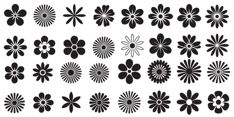 Collection of Simple Line Art Flower Drawings, Black Silhouette Flower Icons Set, 