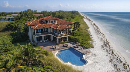 Fototapeta premium Luxurious beach villa with private pool and ocean access, surrounded by lush greenery