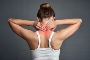 Woman with neck pain rubs her neck, highlighted in red against a grey background