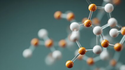 A molecular structure model showing interconnected atoms on a blurred teal background.