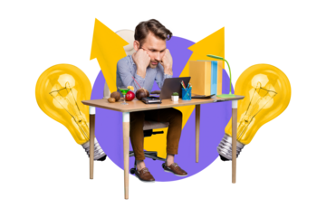 Banner poster collage of tired depressed guy worker sitting office prepare project have idea about summer travel resort relax