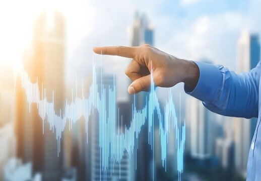 A businessman in a sleek suit interacts with a floating holographic interface, his fingers manipulating glowing virtual graphs and line charts that project data streams in mid-air