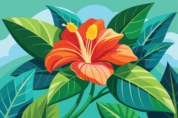 Stylized Hibiscus Flower with Lush Green Leaves on a Turquoise Background