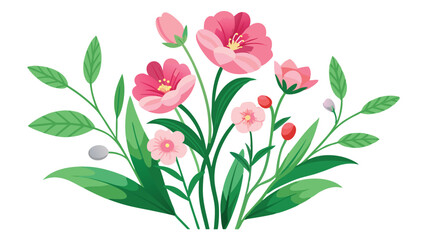 Pink Flower and Green Leaves Illustration on White Background for Design