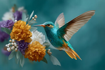 Fototapeta premium Vibrant hummingbird with teal feathers hovers near colorful flowers, showcasing its beauty and grace in serene setting