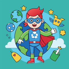 Fototapeta premium Cartoon Eco Superhero with Earth and Recycling Icons on Teal Background