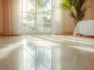 Sunlit bedroom interior with palm plant and glossy floor