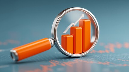 A magnifying glass over an orange bar graph illustrating market growth and analysis.