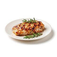 Simple dish of grilled fillet and green seasoning on a white plate on a white background.