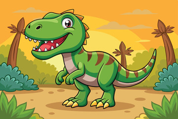 Cartoon Tyrannosaurus Rex in Prehistoric Landscape at Sunset Illustration