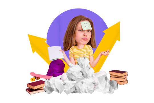 Collage poster banner of bored teen girl feel frustrated have no idea about writing doing homework