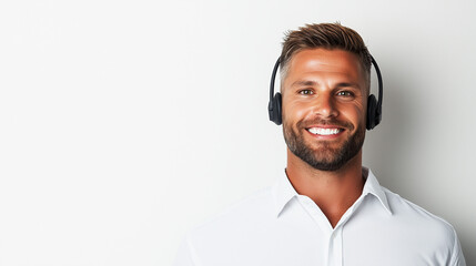 Smiling men with headsets working in customer service
